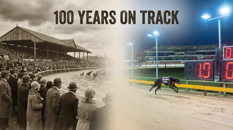 Historic and modern greyhound racing scenes side by side marking the 2026 centenary