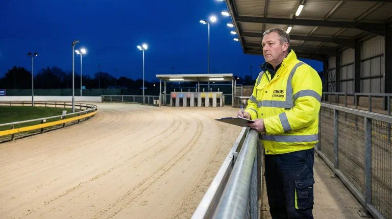 GBGB stewards and officials overseeing a licensed greyhound race meeting at a UK stadium