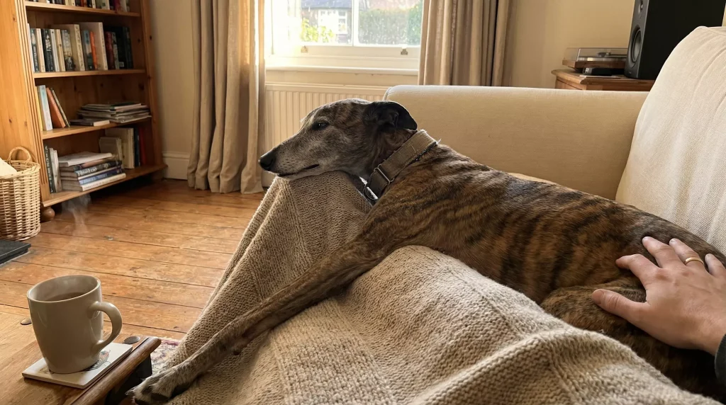 A retired greyhound settling into a family home after adoption
