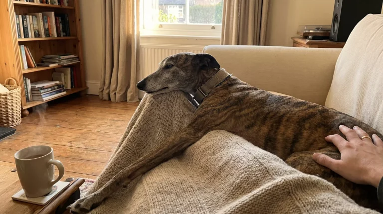 A retired greyhound settling into a family home after adoption
