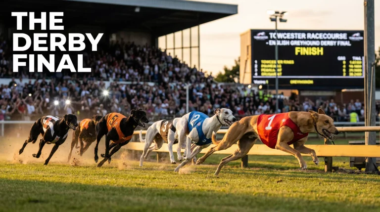 Greyhound Derby final at Towcester — six greyhounds racing towards the finish line