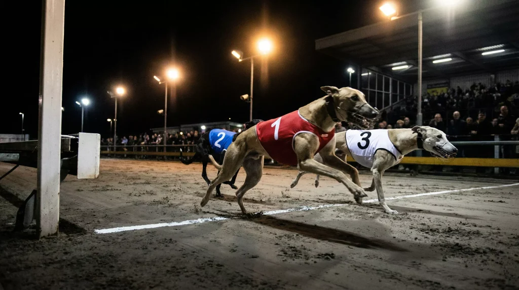 Greyhound race finish with the first three dogs crossing the line in order