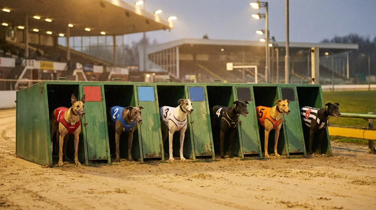 Greyhounds in numbered racing jackets lined up at the traps before a graded race