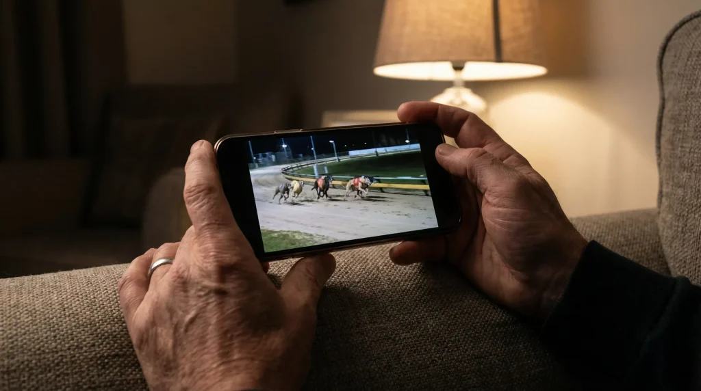 Live greyhound racing being streamed on a bookmaker app screen