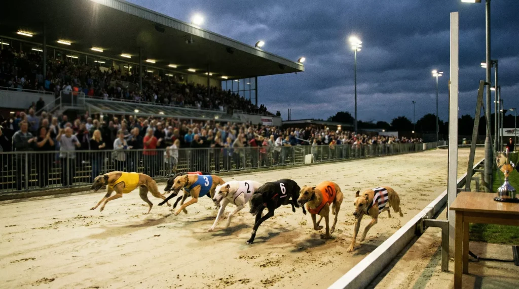 Greyhounds competing in a premier open race at a UK GBGB stadium