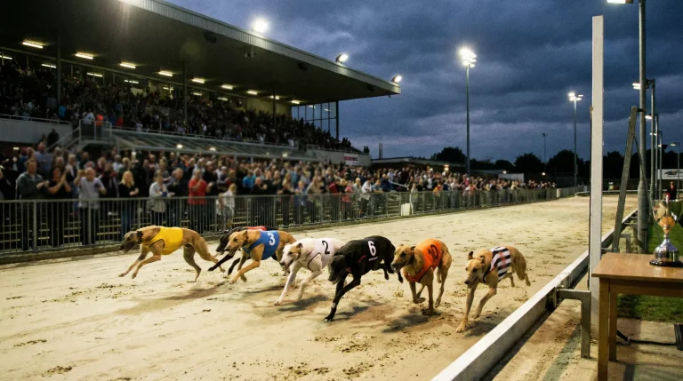 Greyhounds competing in a premier open race at a UK GBGB stadium