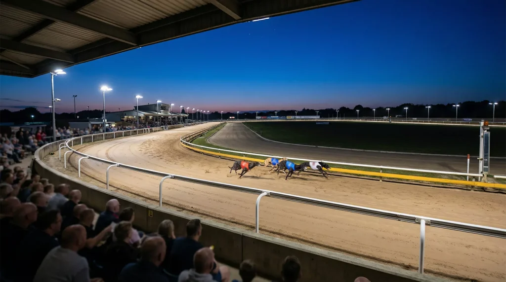 Greyhounds racing over a standard middle distance at a UK GBGB track