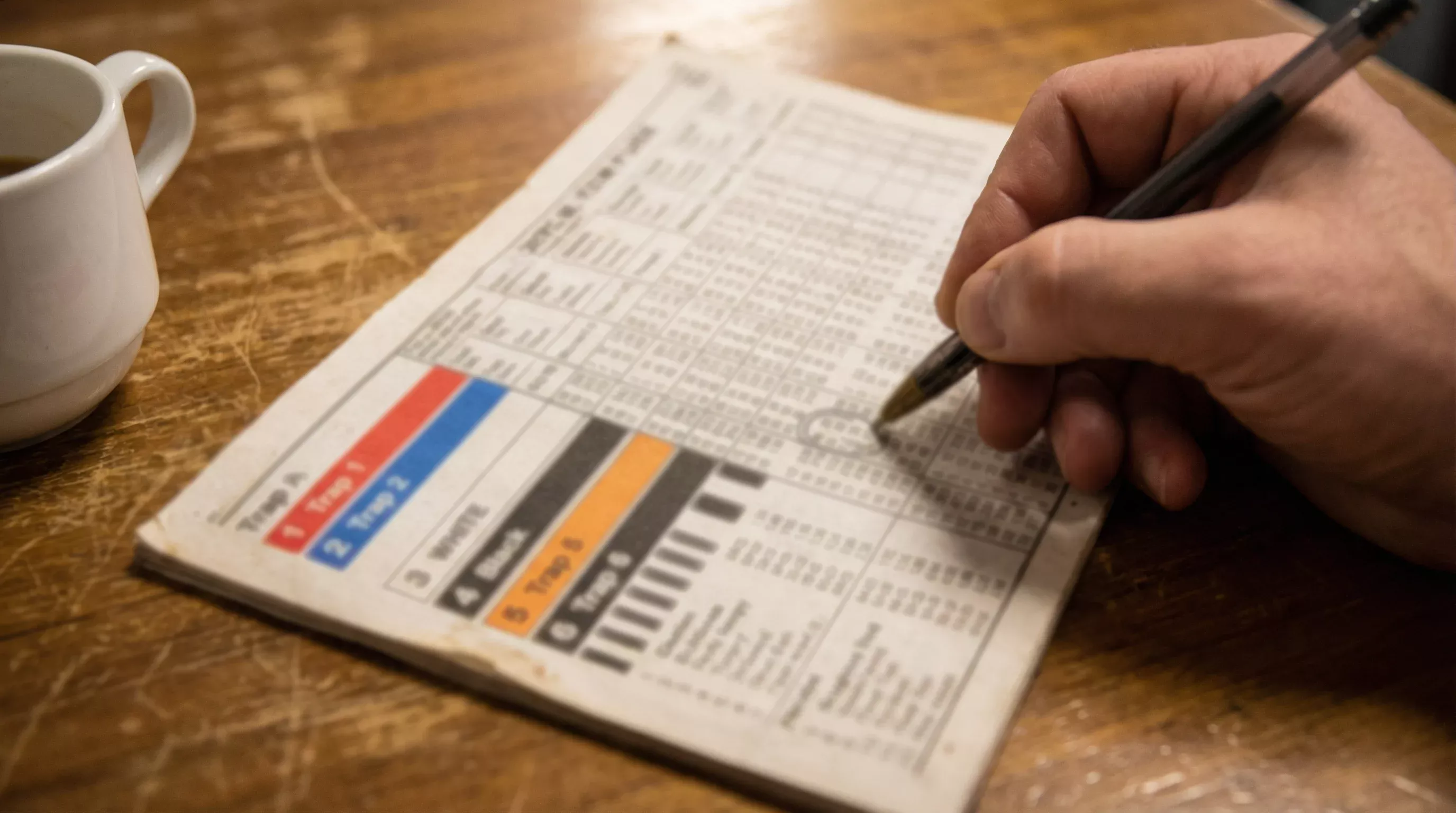 How to read a greyhound racecard — close-up of a printed form guide showing trap colours, form lines and starting prices