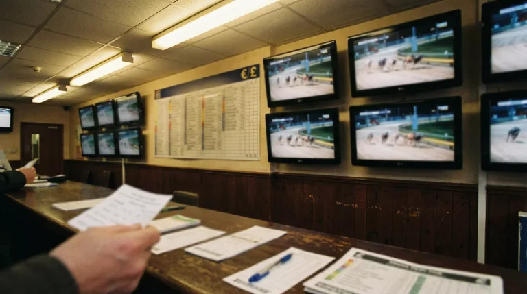 Betting slips and screens showing greyhound racing odds at a UK bookmaker shop