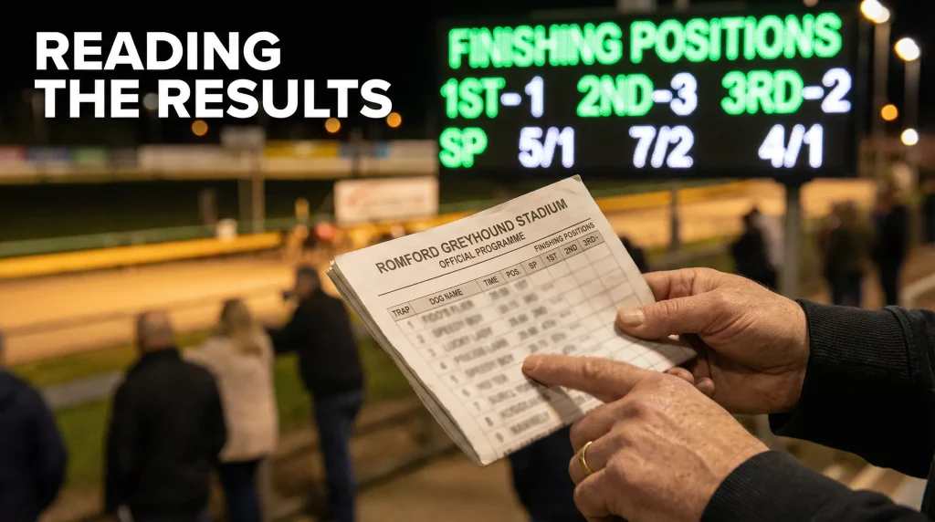 A greyhound race results card displayed on a screen at a UK track