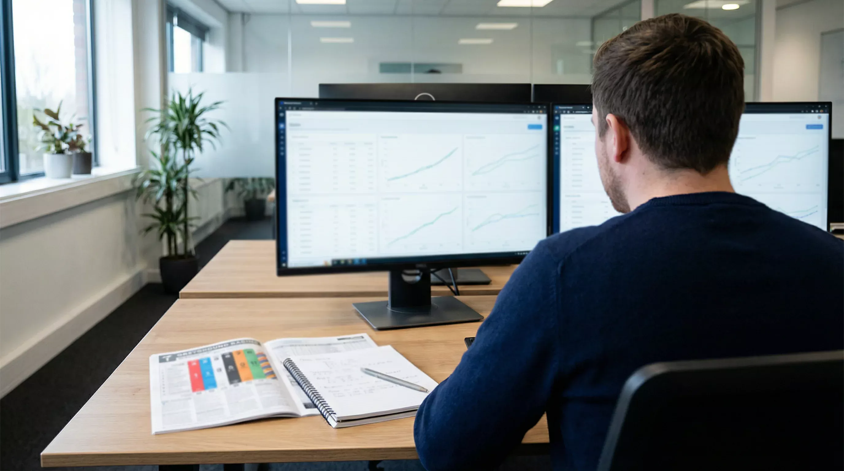 Greyhound results today — an analyst reviewing racecard data on multiple screens at a UK track