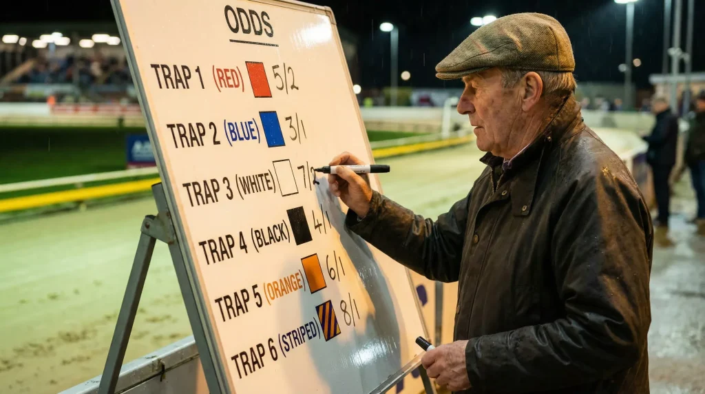 Starting price odds displayed on a bookmaker board at a UK greyhound track