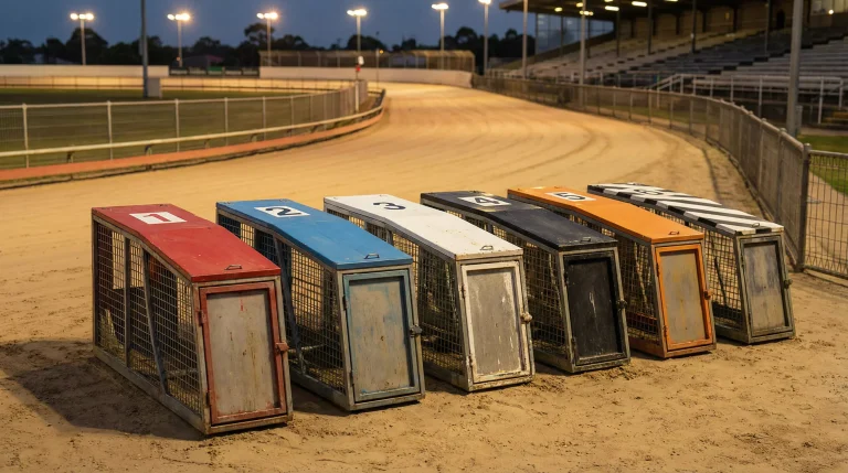 Six greyhound traps with coloured lids at a UK GBGB track