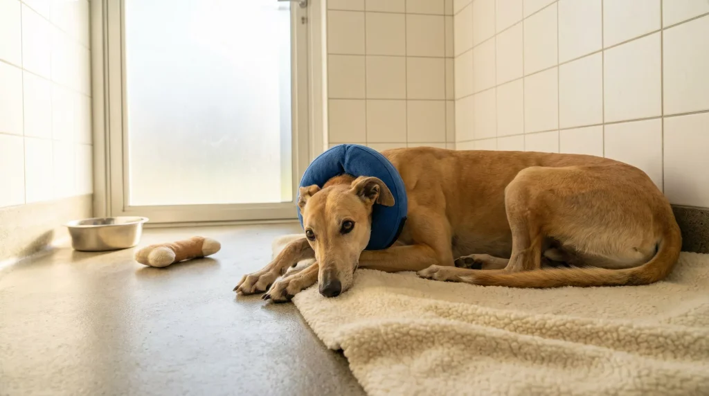 A retired greyhound resting in an approved rehoming centre