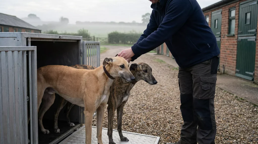 Greyhounds arriving at a UK training kennel after transport from Ireland