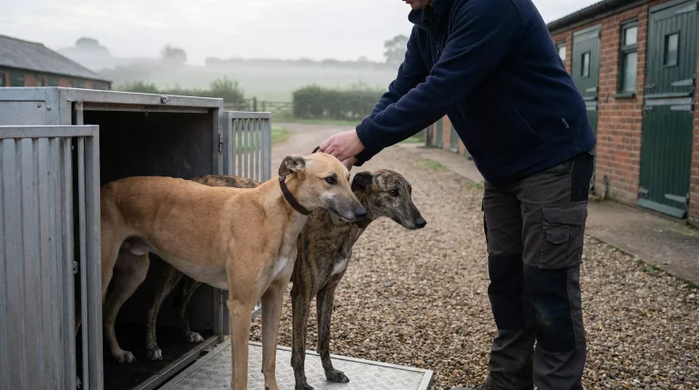 Greyhounds arriving at a UK training kennel after transport from Ireland