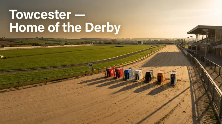 Towcester greyhound racecourse with the 500-metre start line visible
