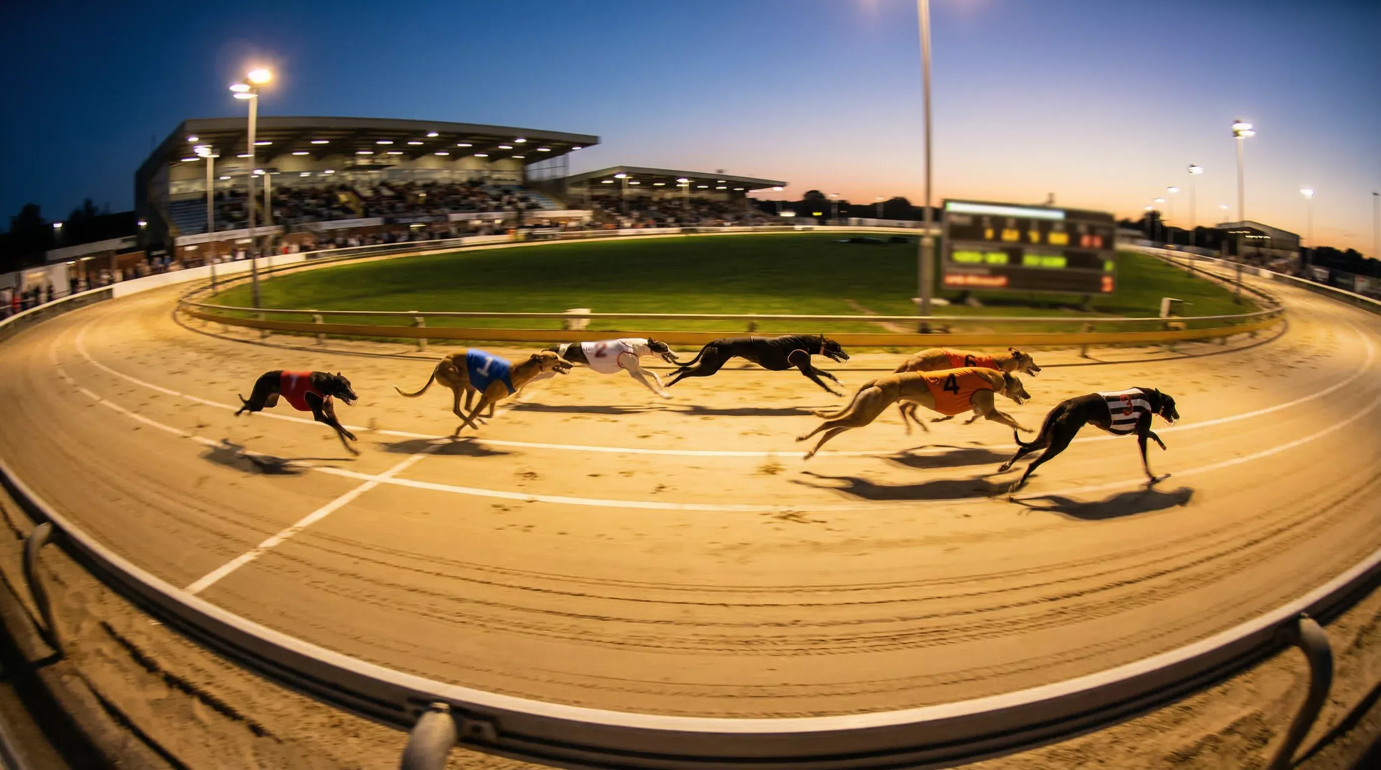 UK greyhound racing results — greyhounds rounding the bend at a licensed GBGB stadium under floodlights