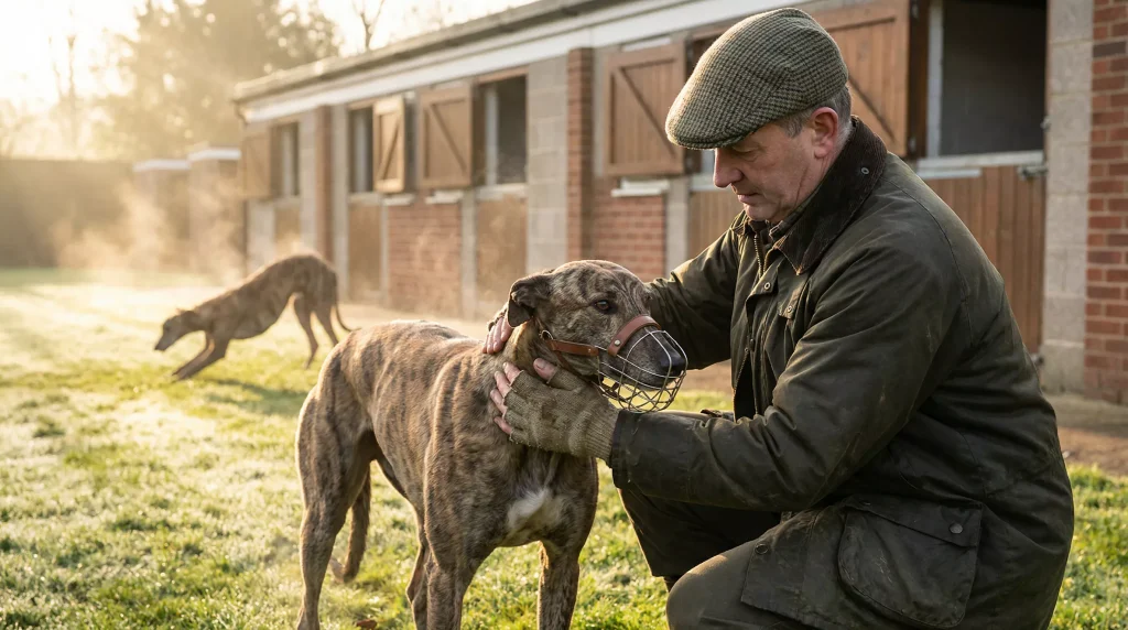 A licensed greyhound trainer preparing dogs before a race meeting at a UK track